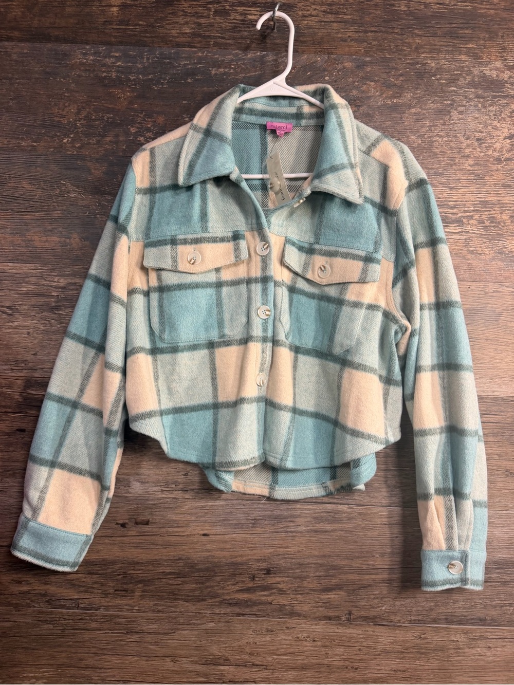 miami Plaid Cropped Utility Jacket in Teal and Cream
